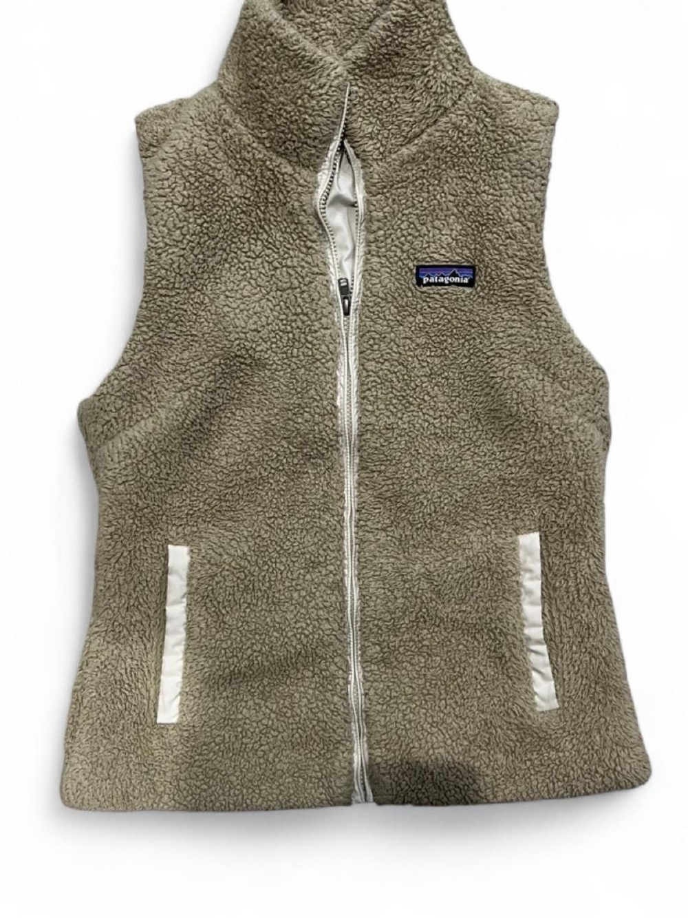 Patagonia Olive Sherpa Fleece Vest with White Trim